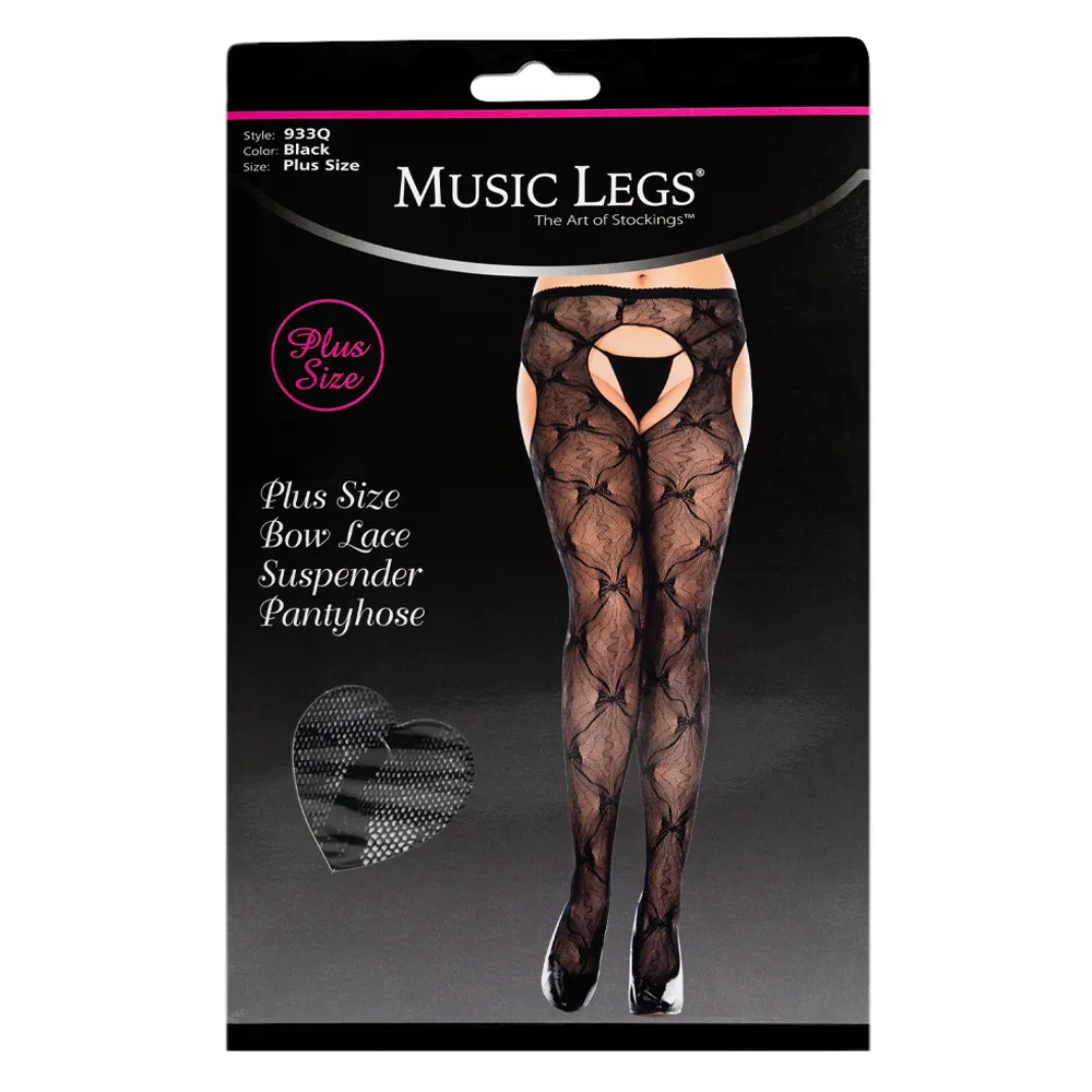Music Legs Sheer Bow Lace Crotchless Suspender Pantyhose - Curvy