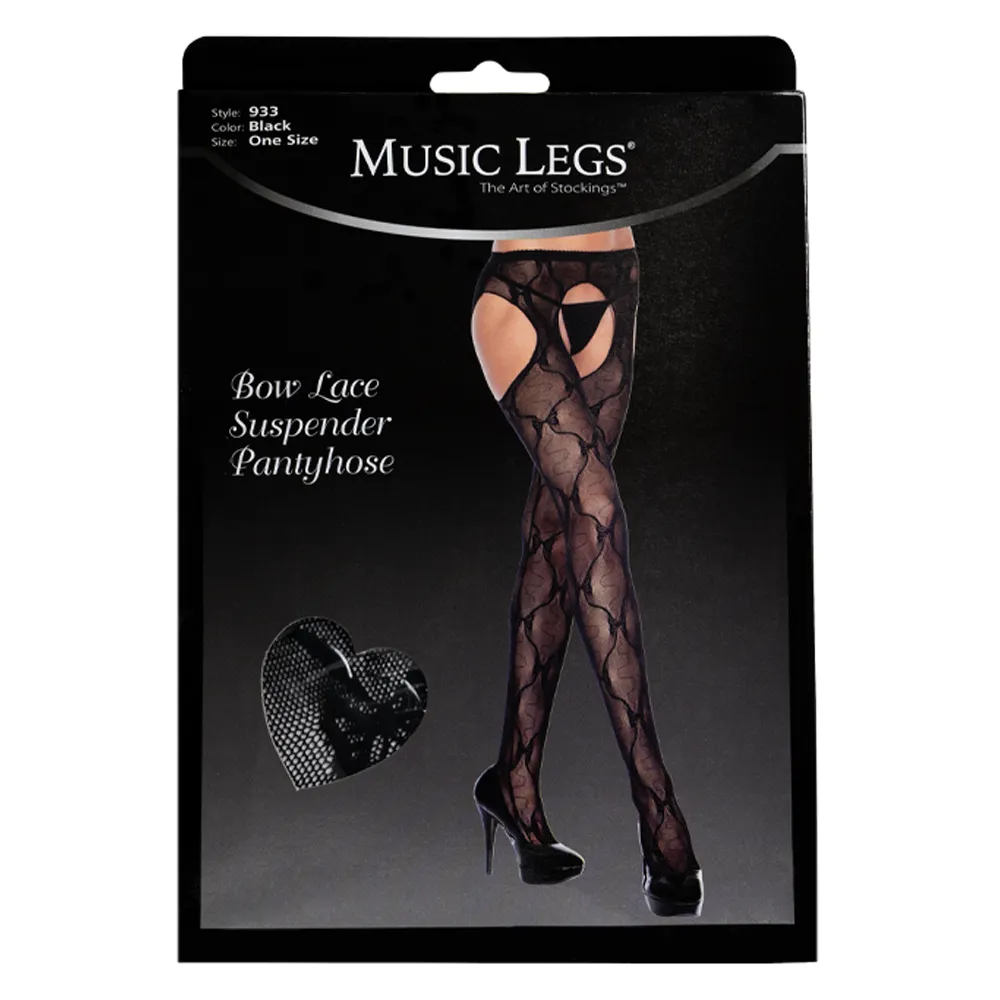 Music Legs Sheer Bow Lace Crotchless Suspender Pantyhose