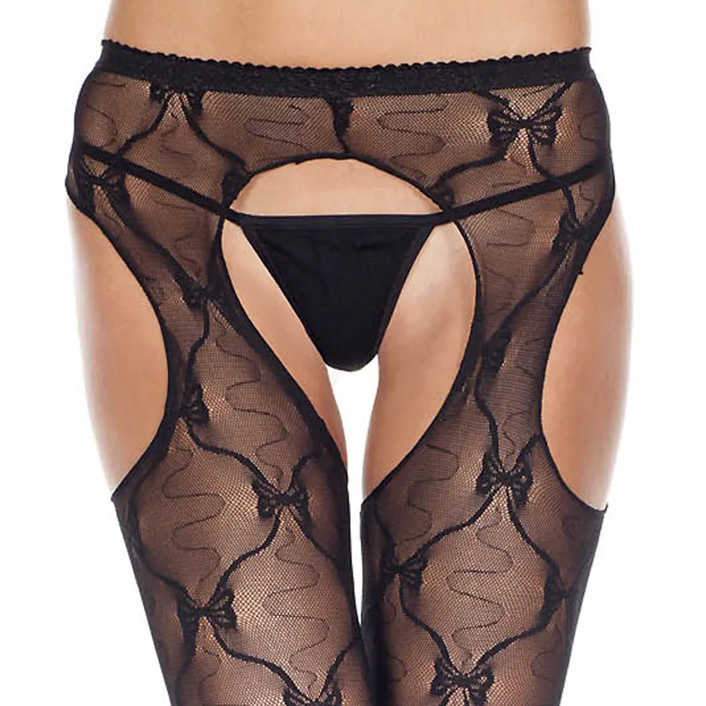 Music Legs Sheer Bow Lace Crotchless Suspender Pantyhose