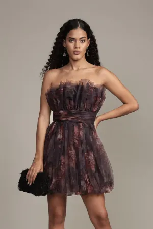 Nanita Mini Dress with Balloon Hem in Plum Floral