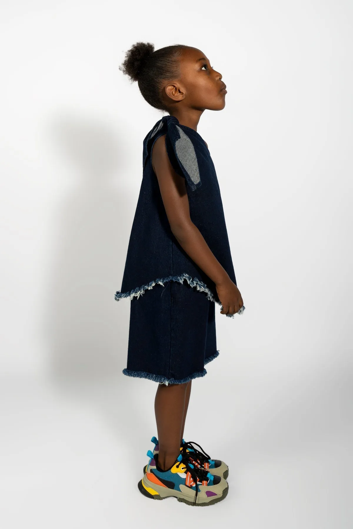 NAVY DENIM ONE SHOULDER KNOT TOP