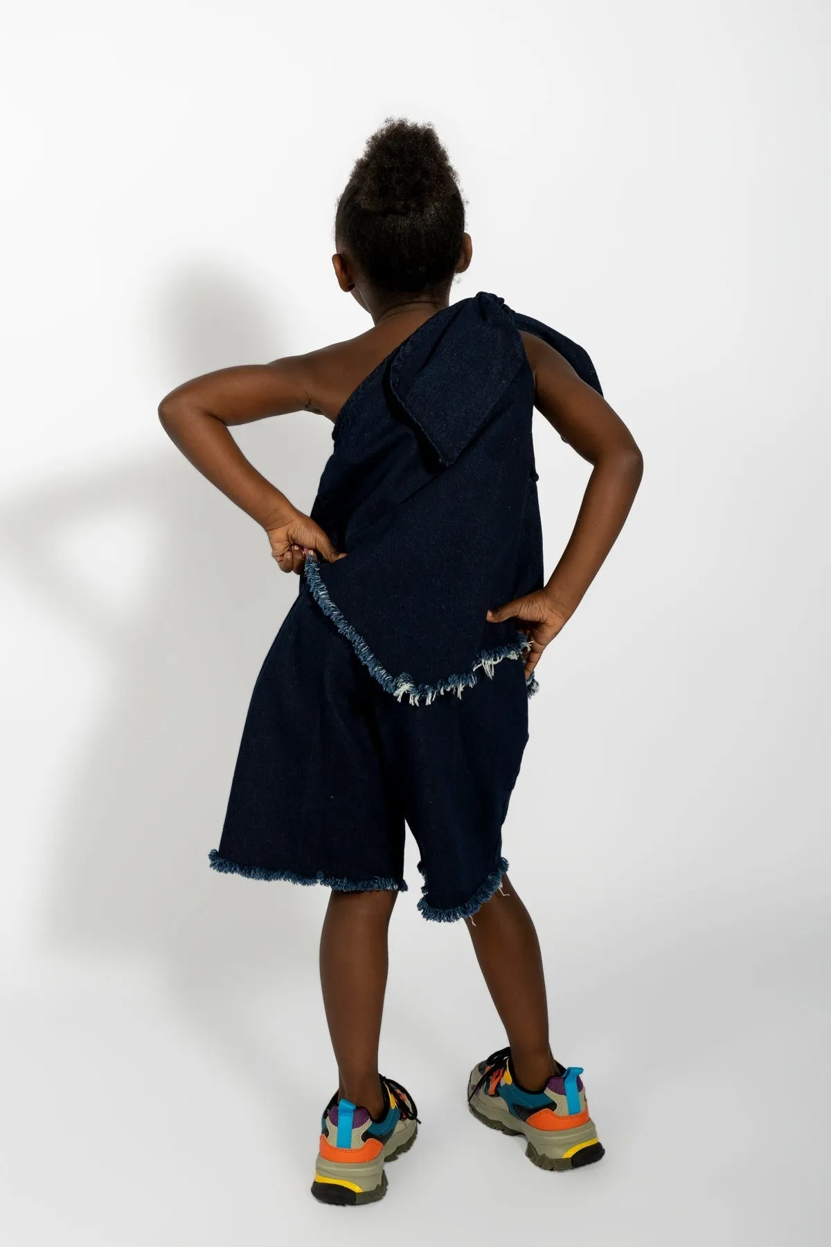 NAVY DENIM ONE SHOULDER KNOT TOP