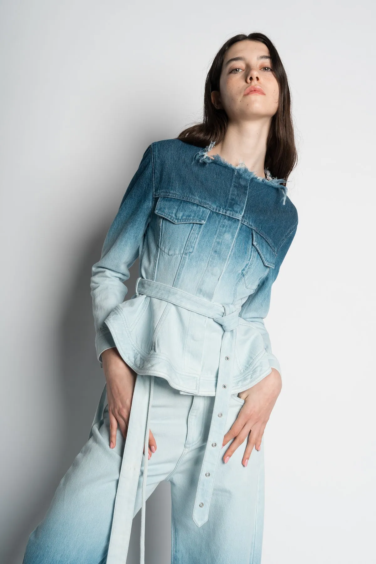 OMBRE DENIM BLUE BELTED JACKET