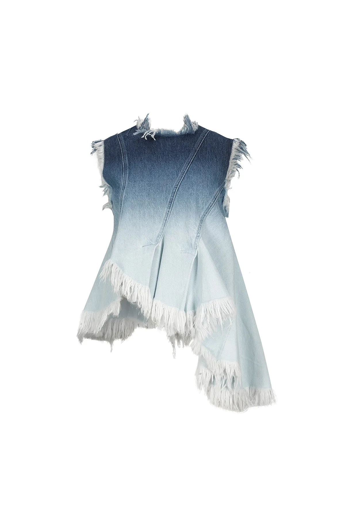 OMBRE DENIM BLUE SLEEVELESS TOP WITH ASYMMETRIC HEM