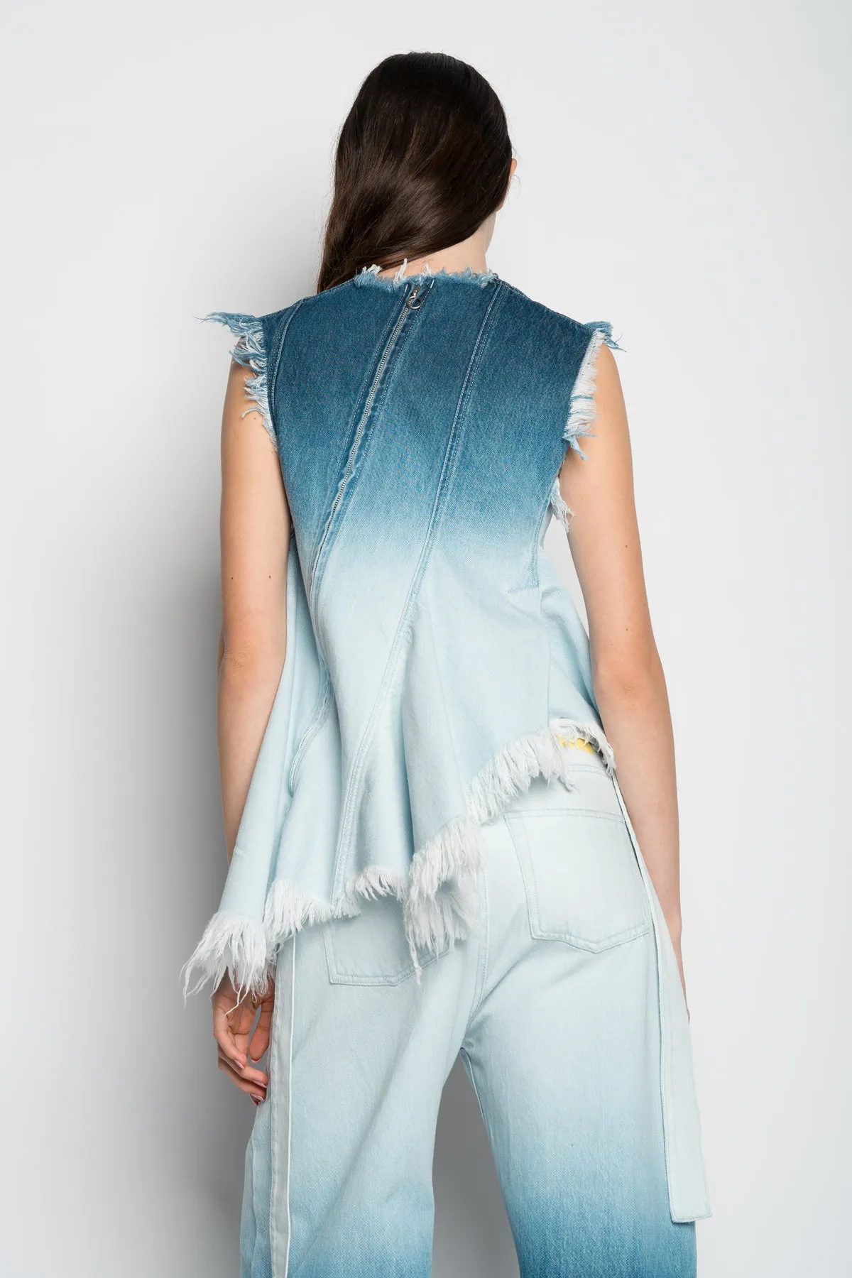 OMBRE DENIM BLUE SLEEVELESS TOP WITH ASYMMETRIC HEM