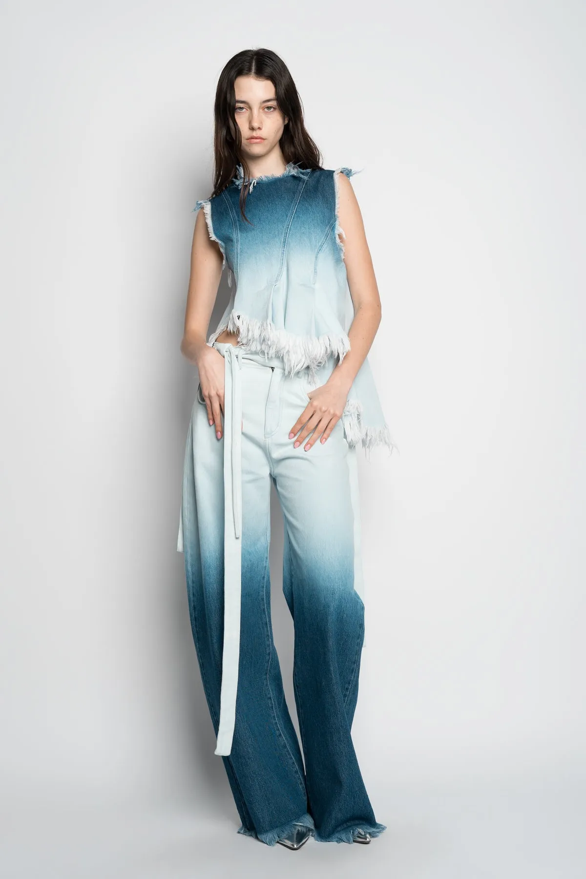 OMBRE DENIM BLUE SLEEVELESS TOP WITH ASYMMETRIC HEM