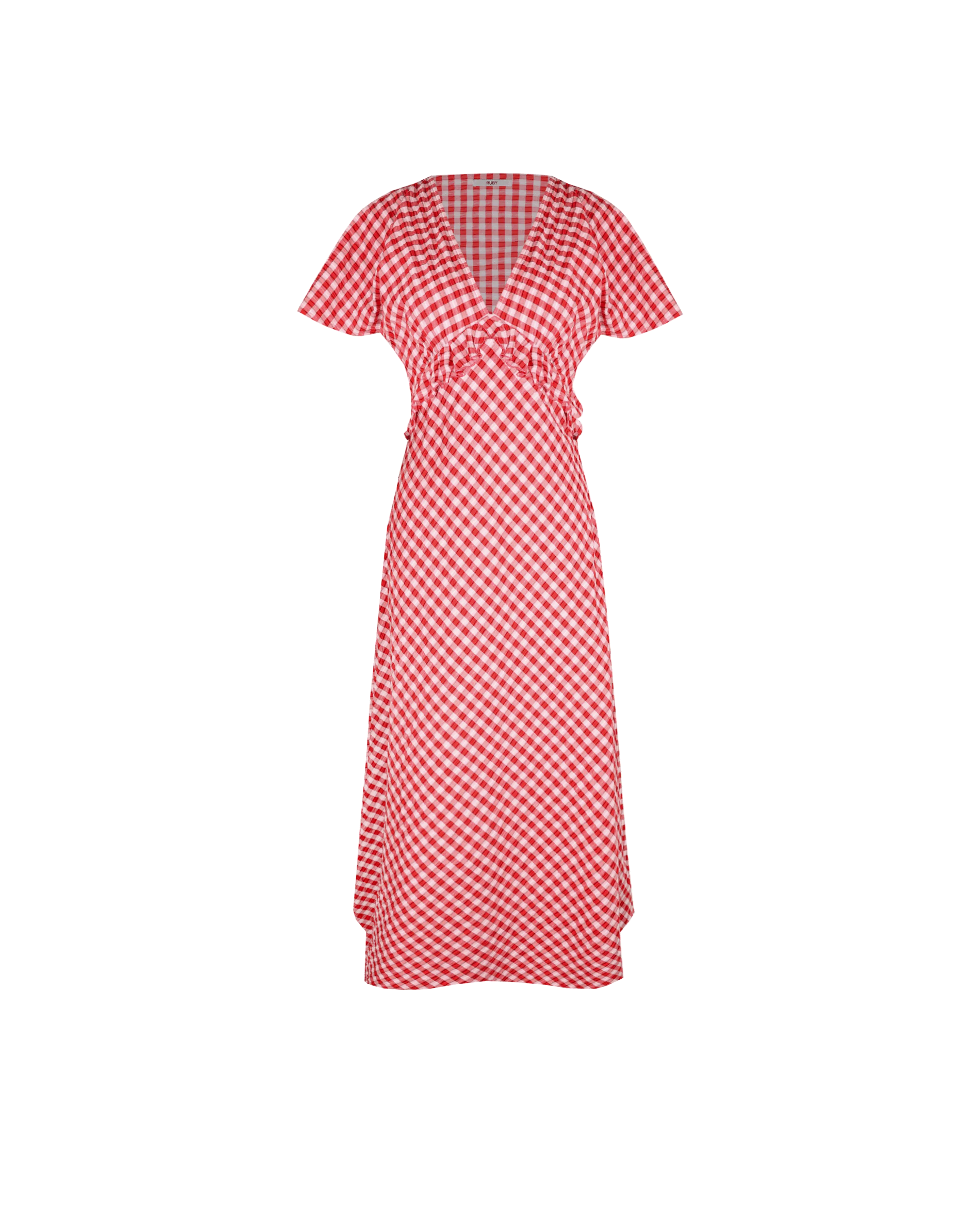 PETAL RUFFLE MIDI DRESS RED LILAC TARTAN