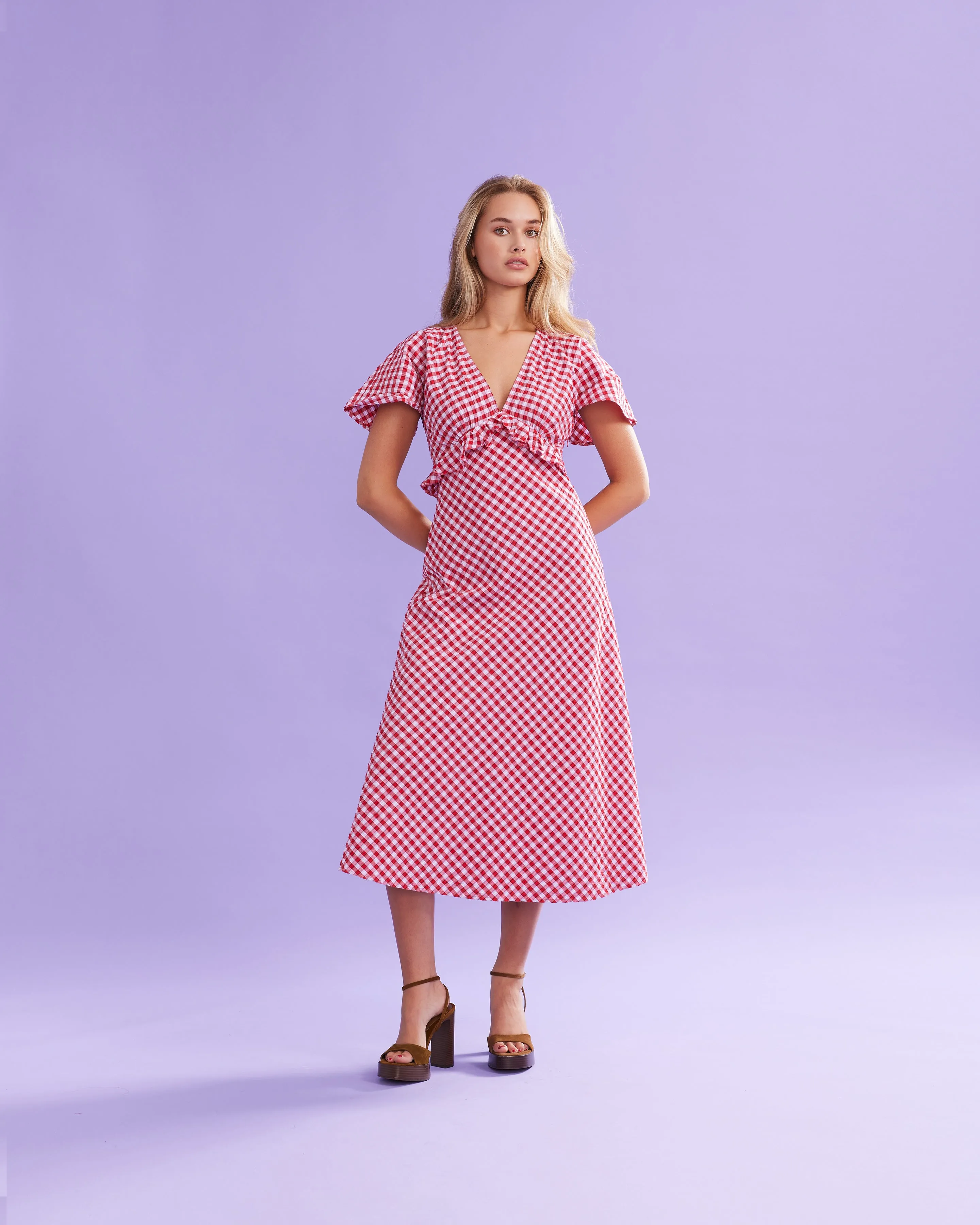 PETAL RUFFLE MIDI DRESS RED LILAC TARTAN