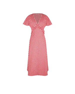 PETAL RUFFLE MIDI DRESS RED LILAC TARTAN