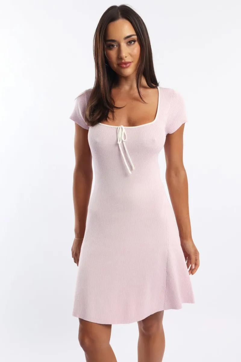 Pink Knit Dress Fit And Flare Short Sleeve