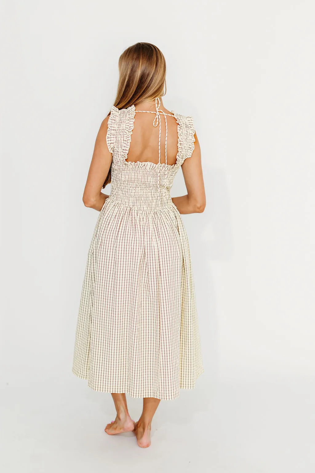 Ramona Plaid Smocked Midi Dress in Cream