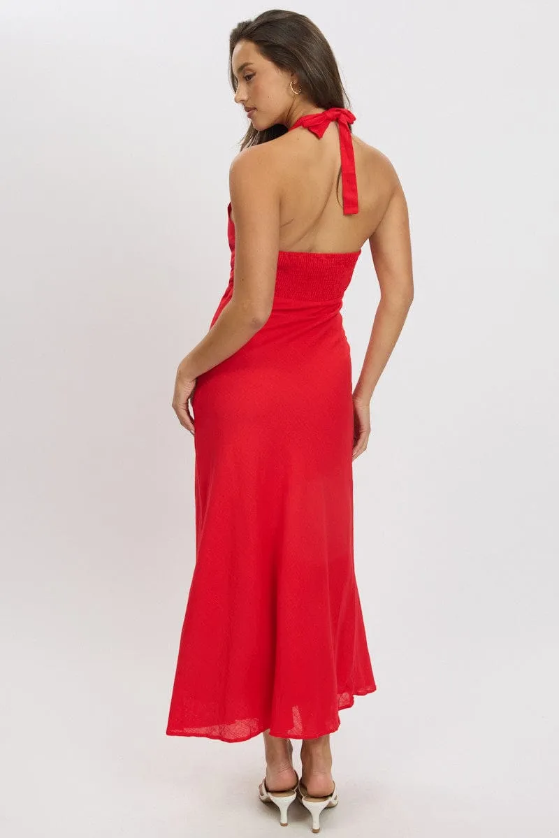 Red Midi Dress Halter Neck
