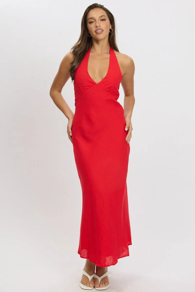 Red Midi Dress Halter Neck