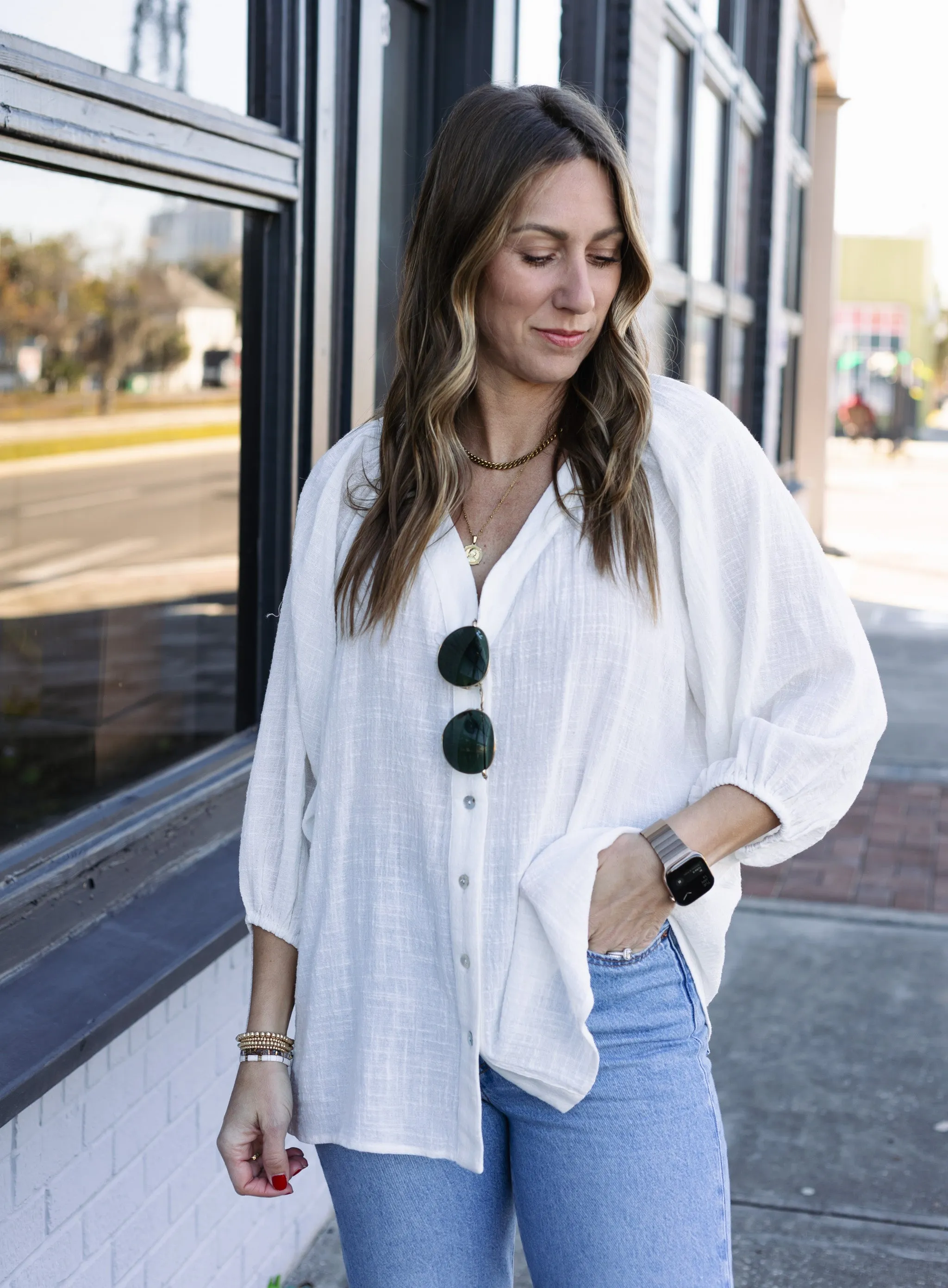Rowena V-Neck Button Down - White - Final Sale