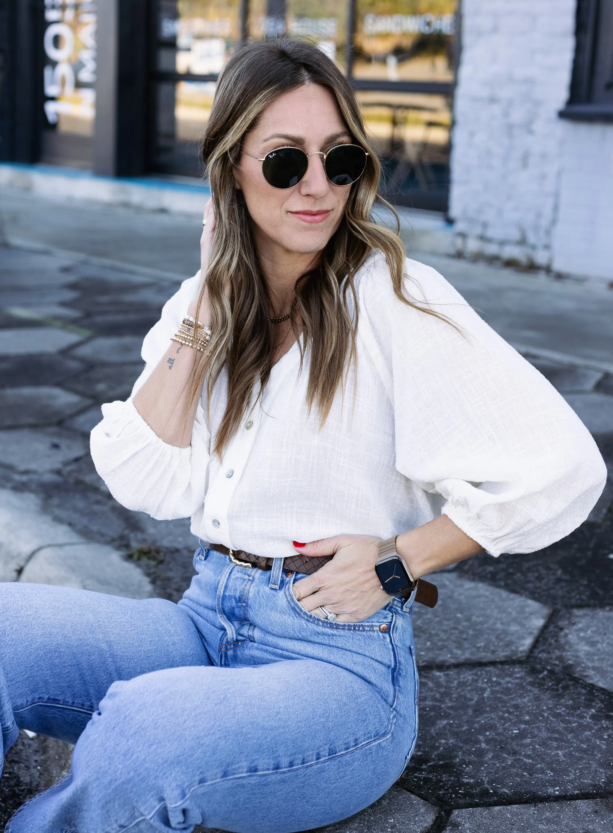 Rowena V-Neck Button Down - White - Final Sale