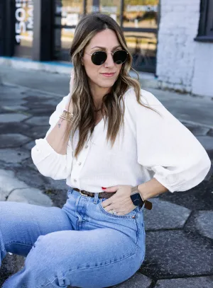 Rowena V-Neck Button Down - White - Final Sale