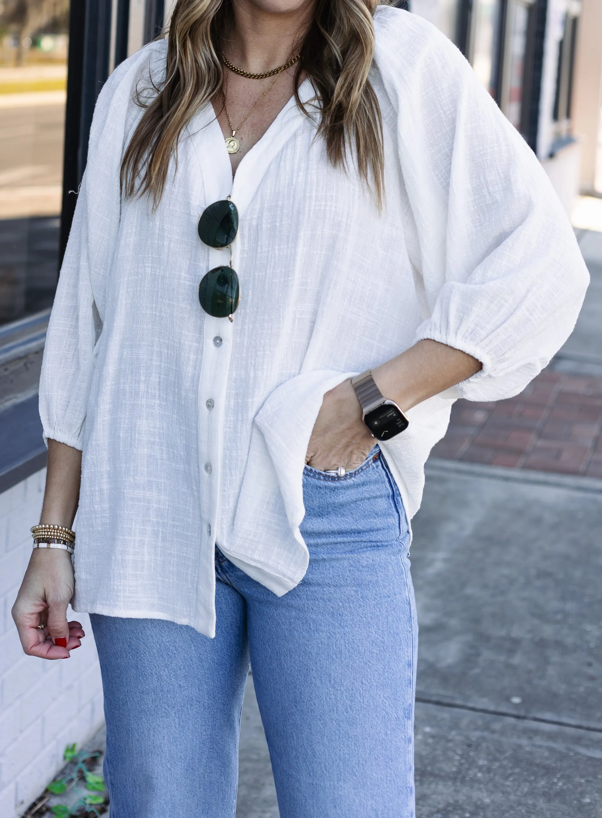 Rowena V-Neck Button Down - White - Final Sale