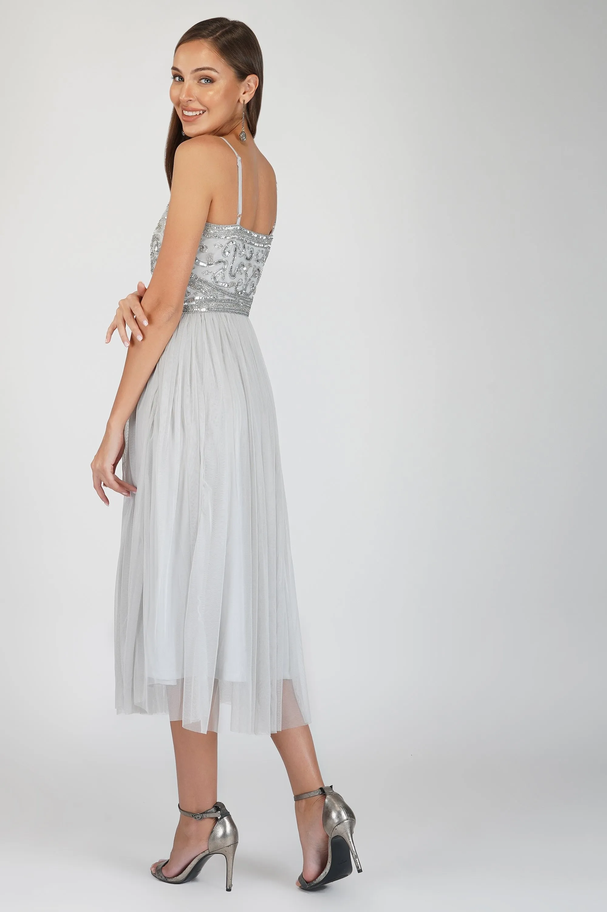 Ruhi Embellished Midi Dress in Grey