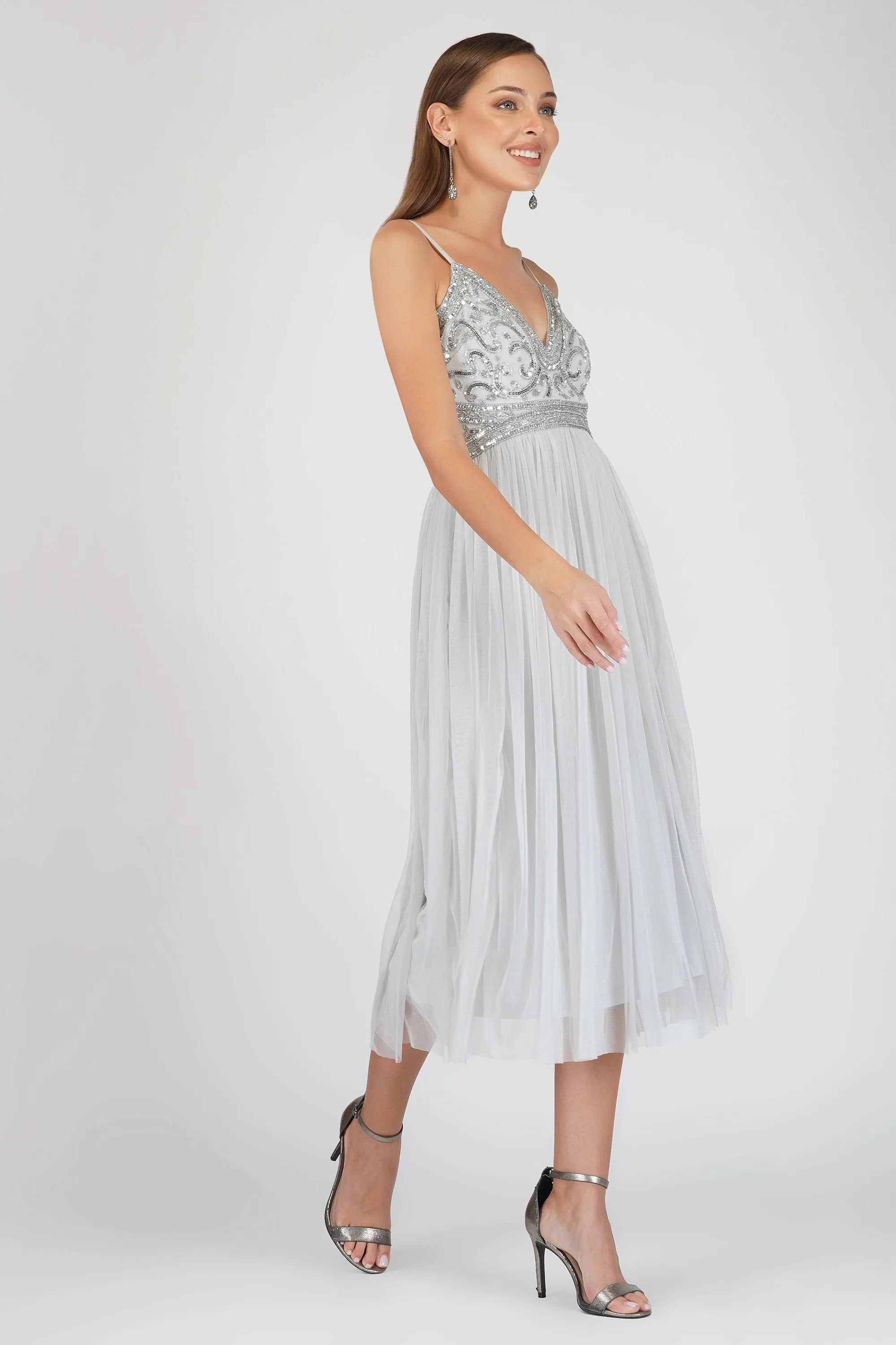 Ruhi Embellished Midi Dress in Grey