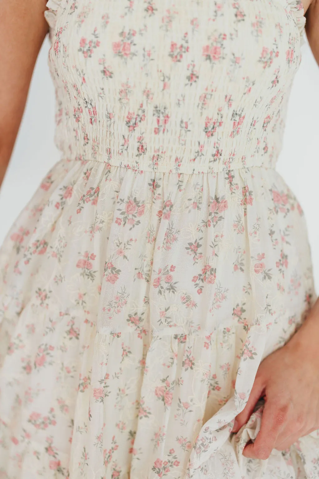 Ryan Ruffle Midi Dress with Embroidered Detail in Cream/Pink Floral