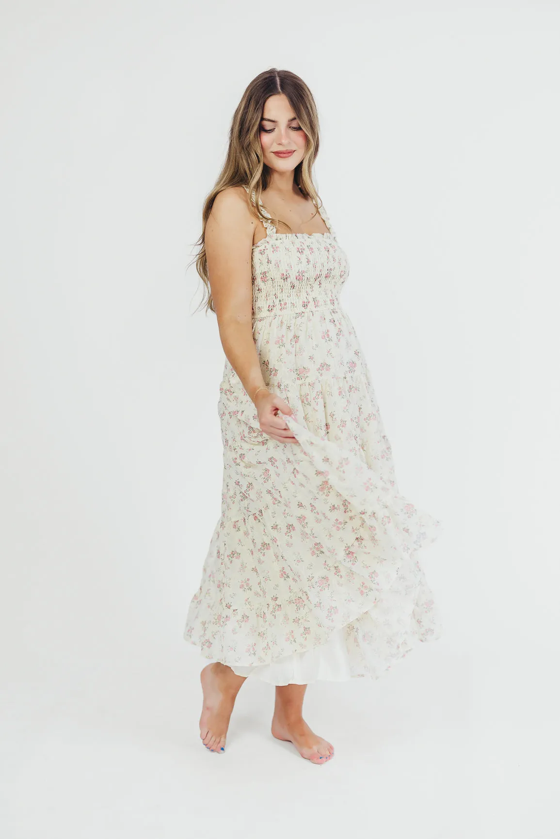 Ryan Ruffle Midi Dress with Embroidered Detail in Cream/Pink Floral