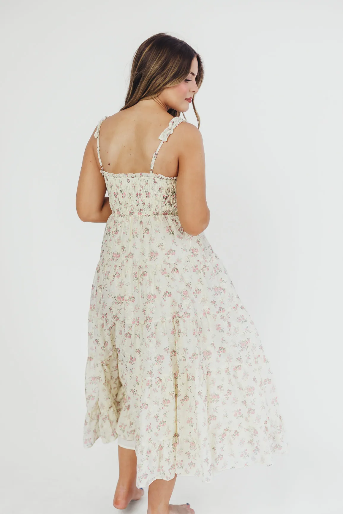 Ryan Ruffle Midi Dress with Embroidered Detail in Cream/Pink Floral