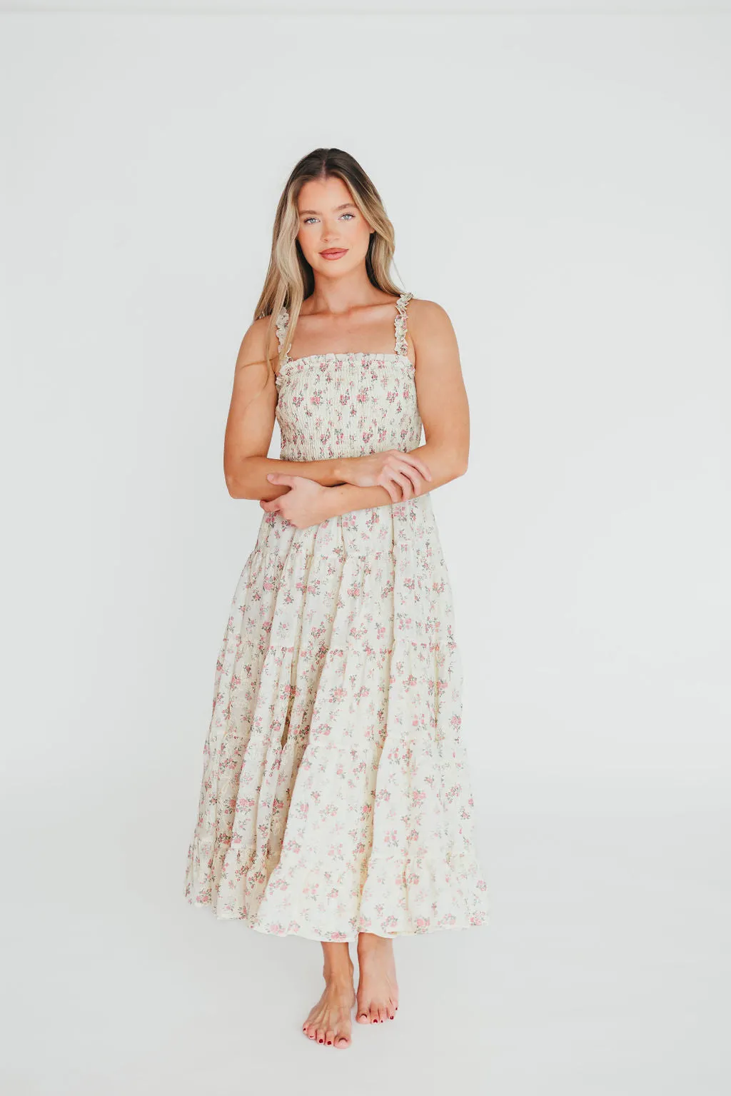 Ryan Ruffle Midi Dress with Embroidered Detail in Cream/Pink Floral