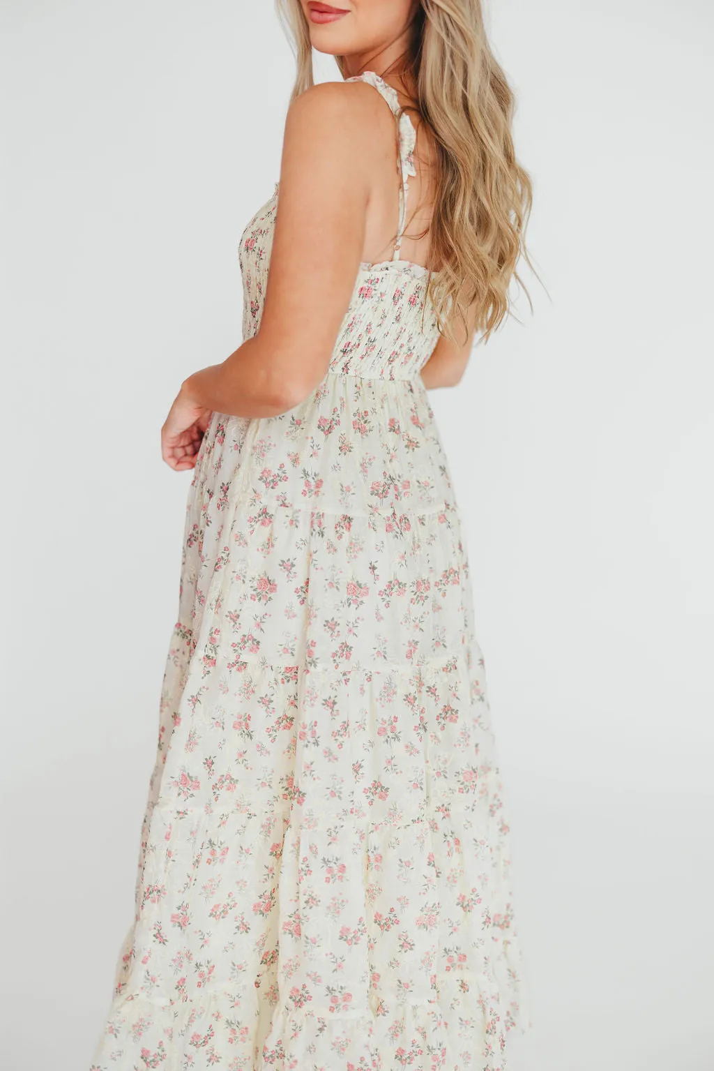 Ryan Ruffle Midi Dress with Embroidered Detail in Cream/Pink Floral