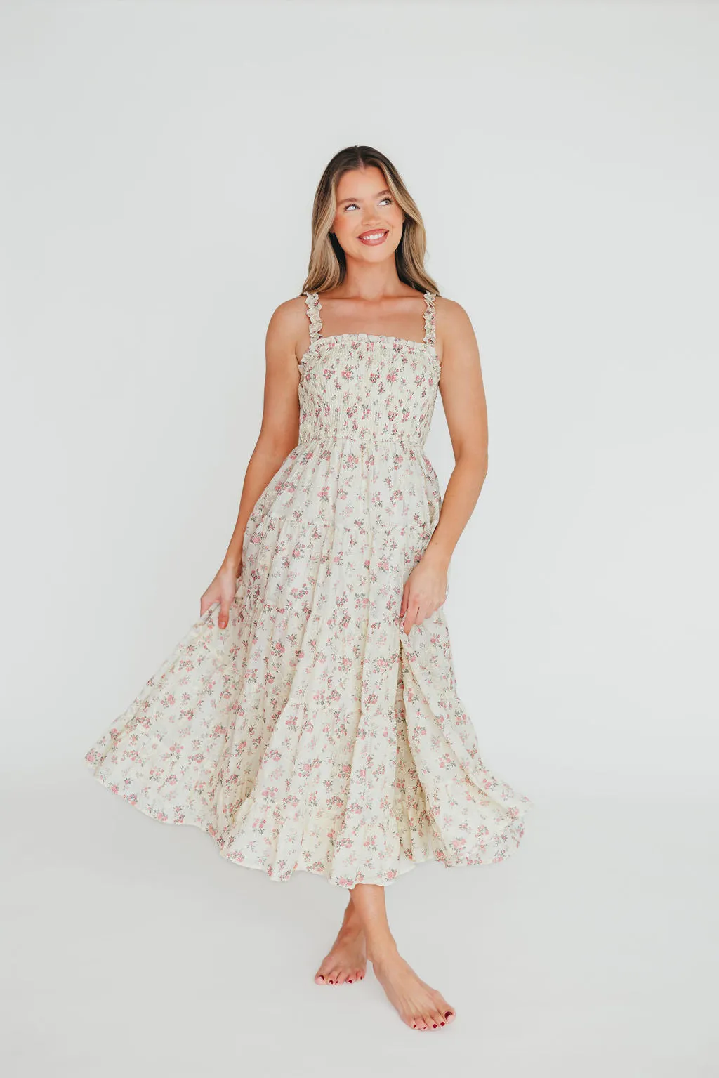 Ryan Ruffle Midi Dress with Embroidered Detail in Cream/Pink Floral