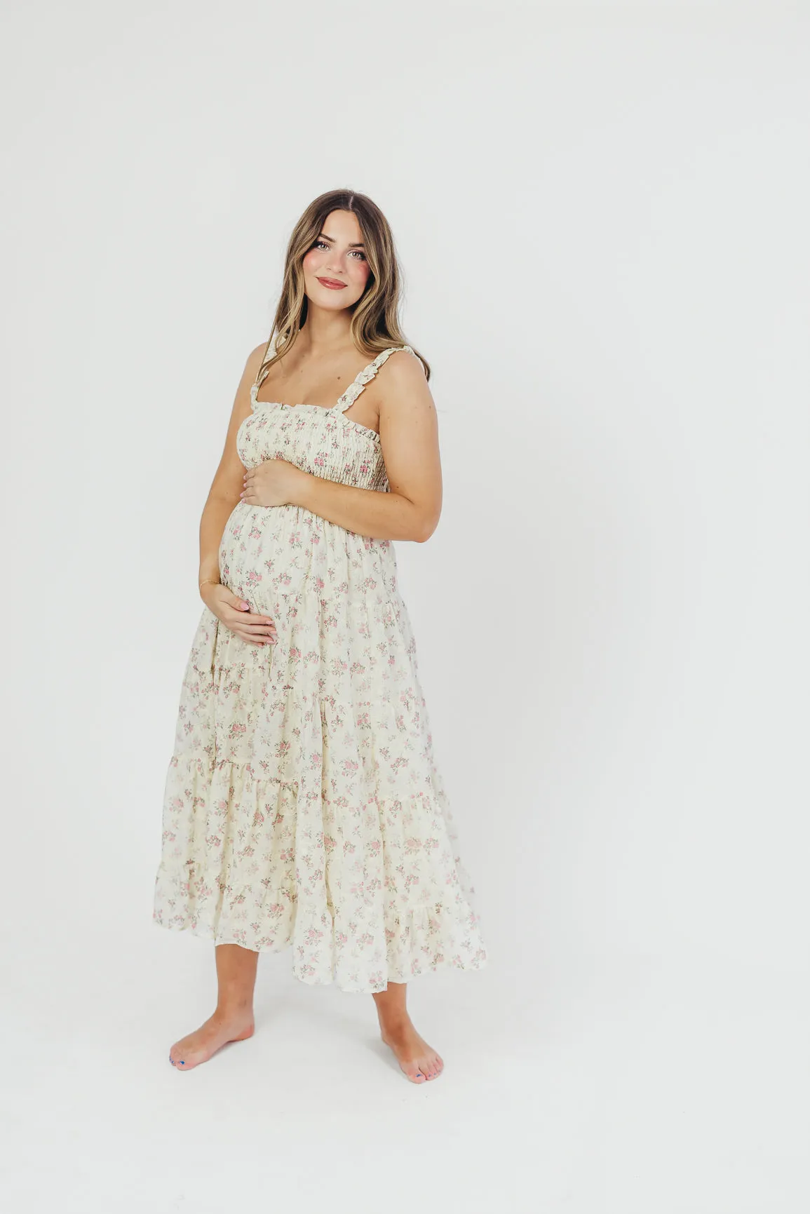 Ryan Ruffle Midi Dress with Embroidered Detail in Cream/Pink Floral
