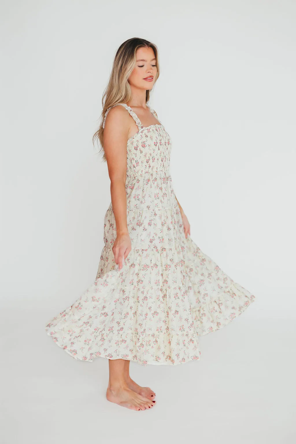 Ryan Ruffle Midi Dress with Embroidered Detail in Cream/Pink Floral