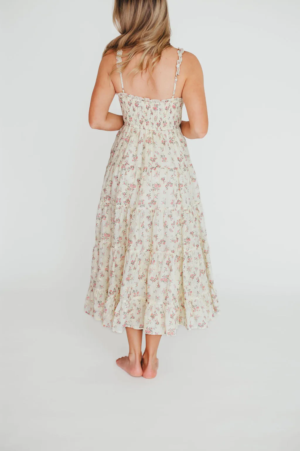 Ryan Ruffle Midi Dress with Embroidered Detail in Cream/Pink Floral
