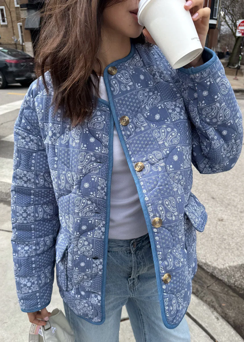 Sadie Paisley Bandana Quilted Jacket - Denim Blue