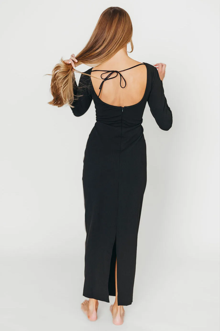 Shana Bodycon Midi Dress with Piping Trim in Black