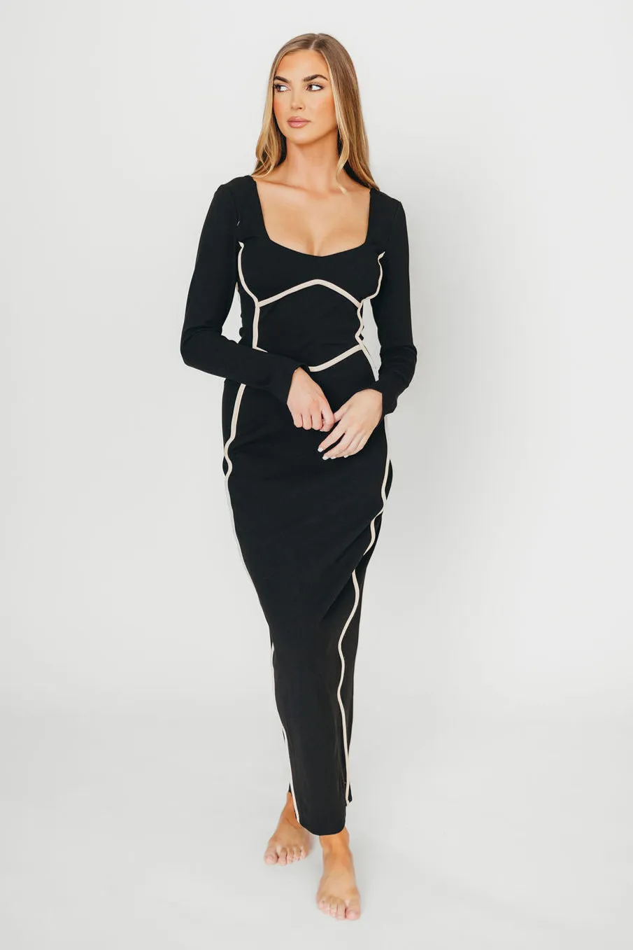 Shana Bodycon Midi Dress with Piping Trim in Black