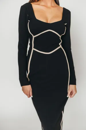 Shana Bodycon Midi Dress with Piping Trim in Black