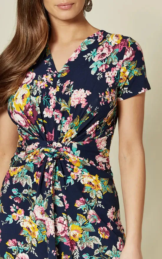 Short Sleeve Jersey Dress In Navy Floral Print