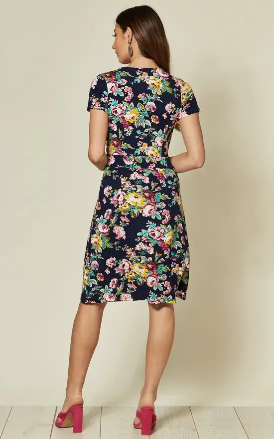 Short Sleeve Jersey Dress In Navy Floral Print