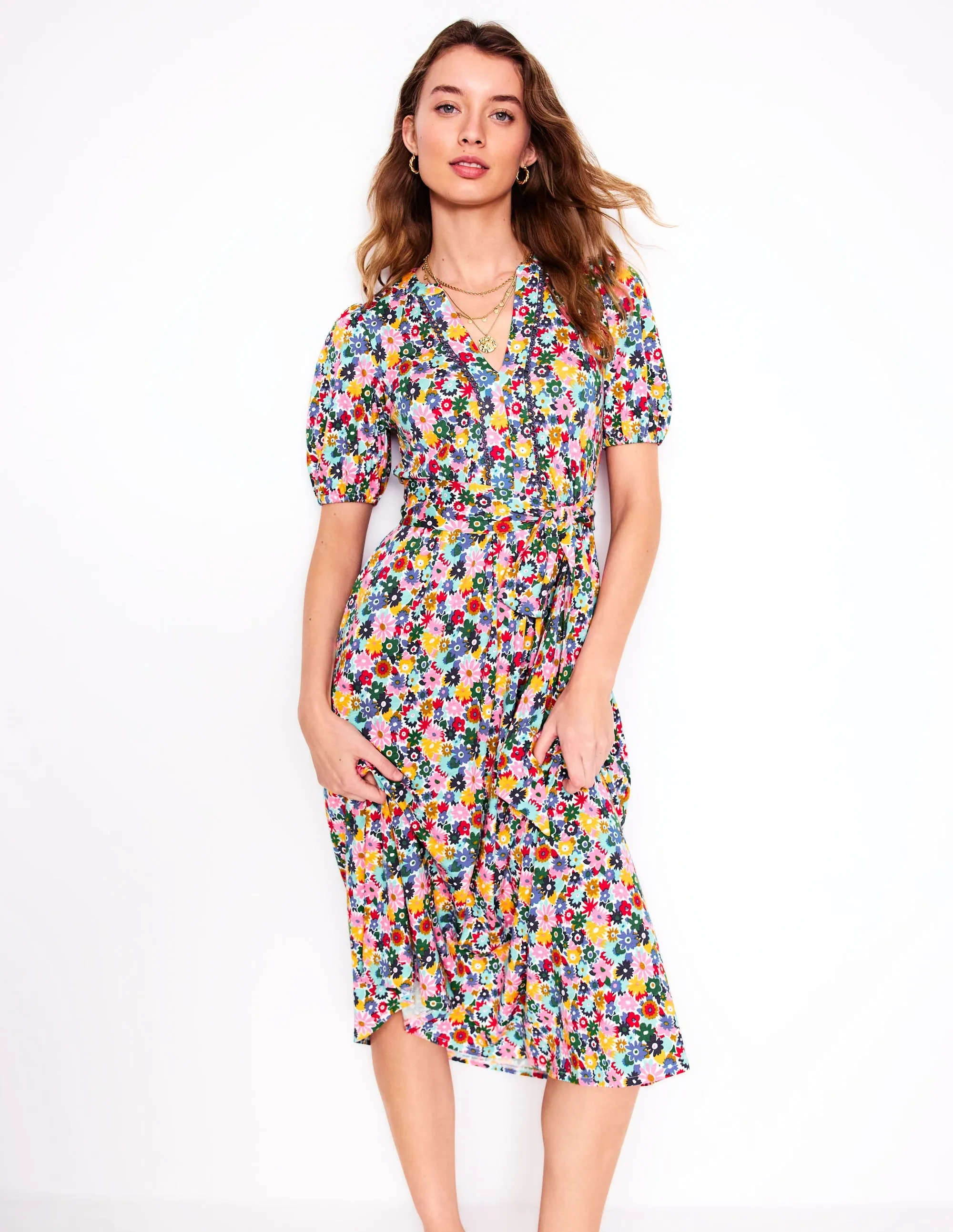 Sofia Trim Jersey Midi Dress-Multi. Paintbox Ditsy
