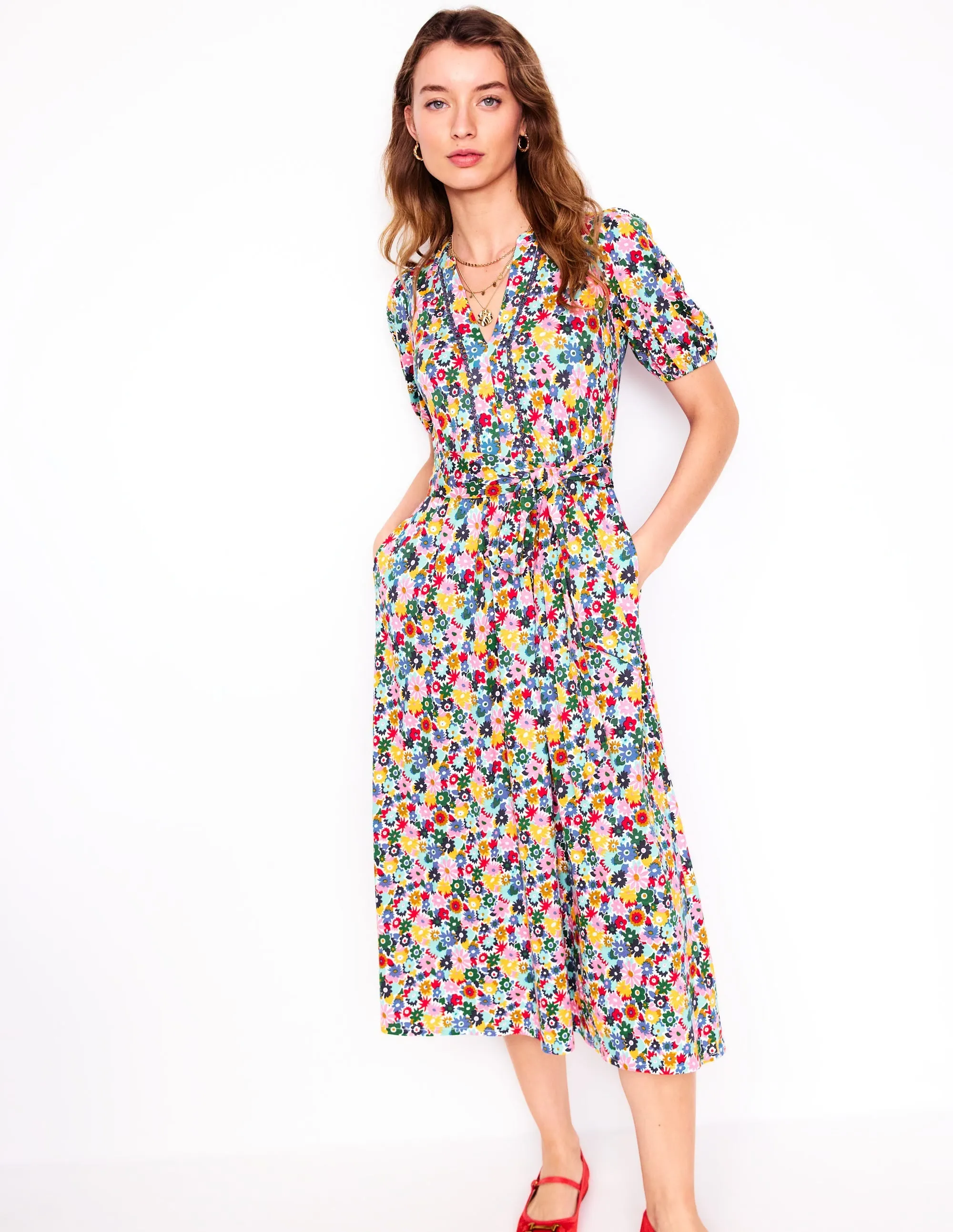Sofia Trim Jersey Midi Dress-Multi. Paintbox Ditsy