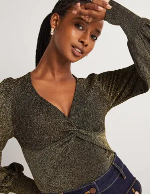 Twist Front Jersey Top-Black and Gold Sparkle