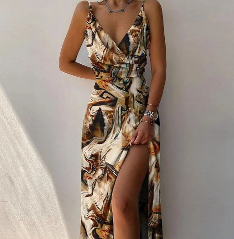V-neck Slit Sling Dress Summer Fashion Sexy Slim Suspender Dresses For Women Clothing