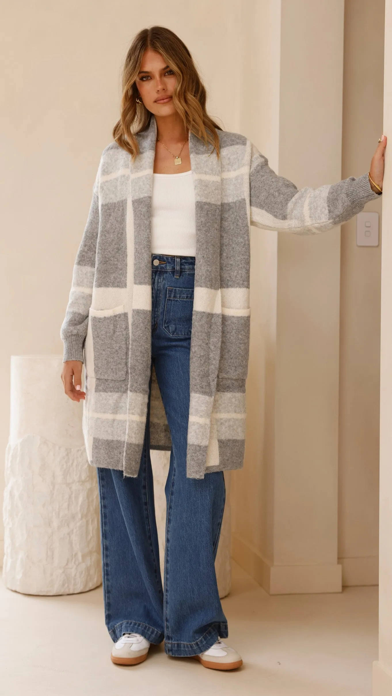 Vaza Longline Knit Cardigan - Grey/White