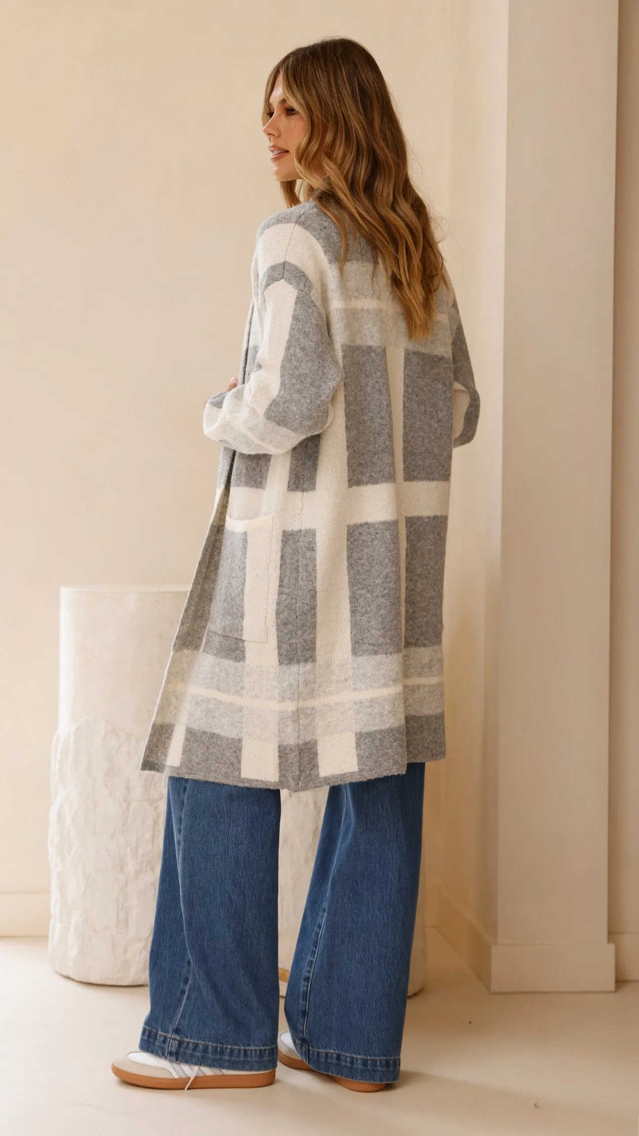 Vaza Longline Knit Cardigan - Grey/White