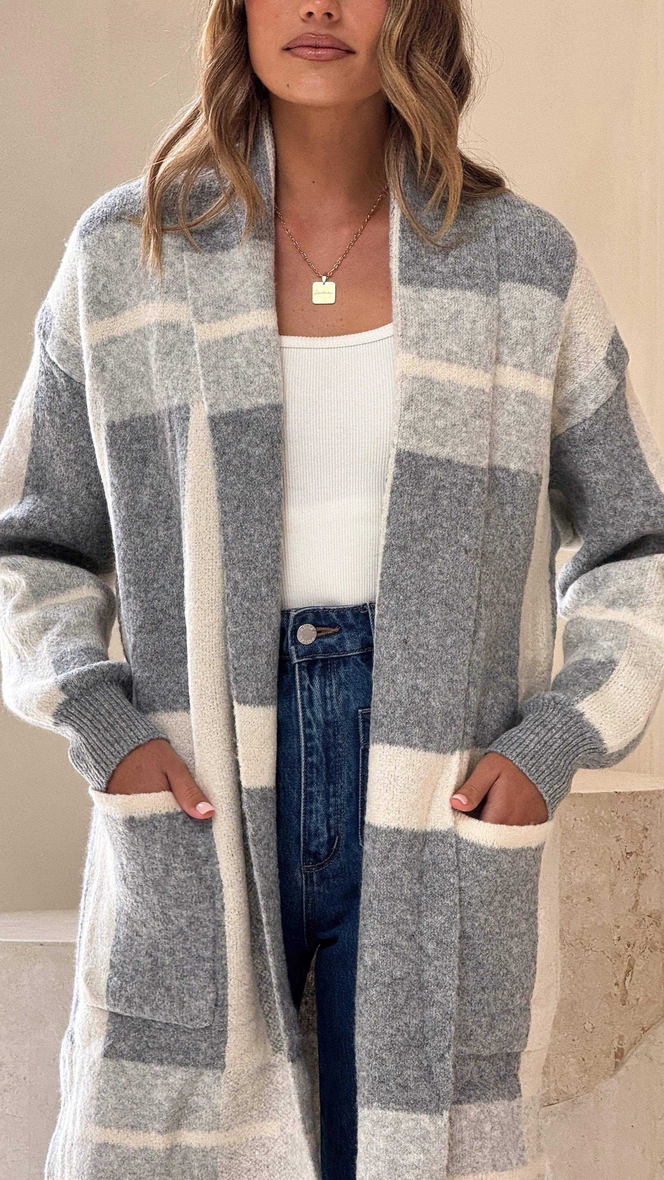 Vaza Longline Knit Cardigan - Grey/White