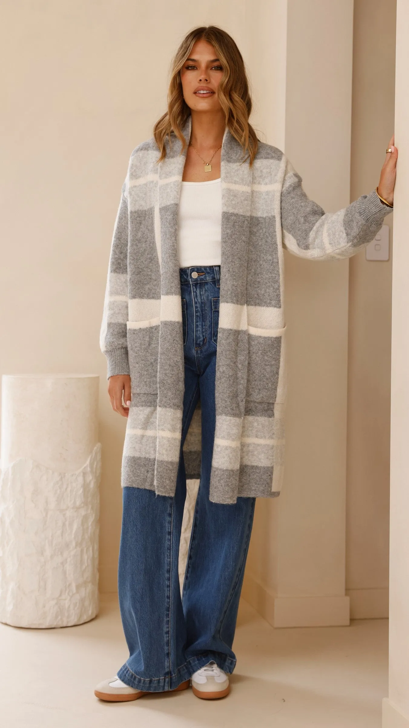 Vaza Longline Knit Cardigan - Grey/White