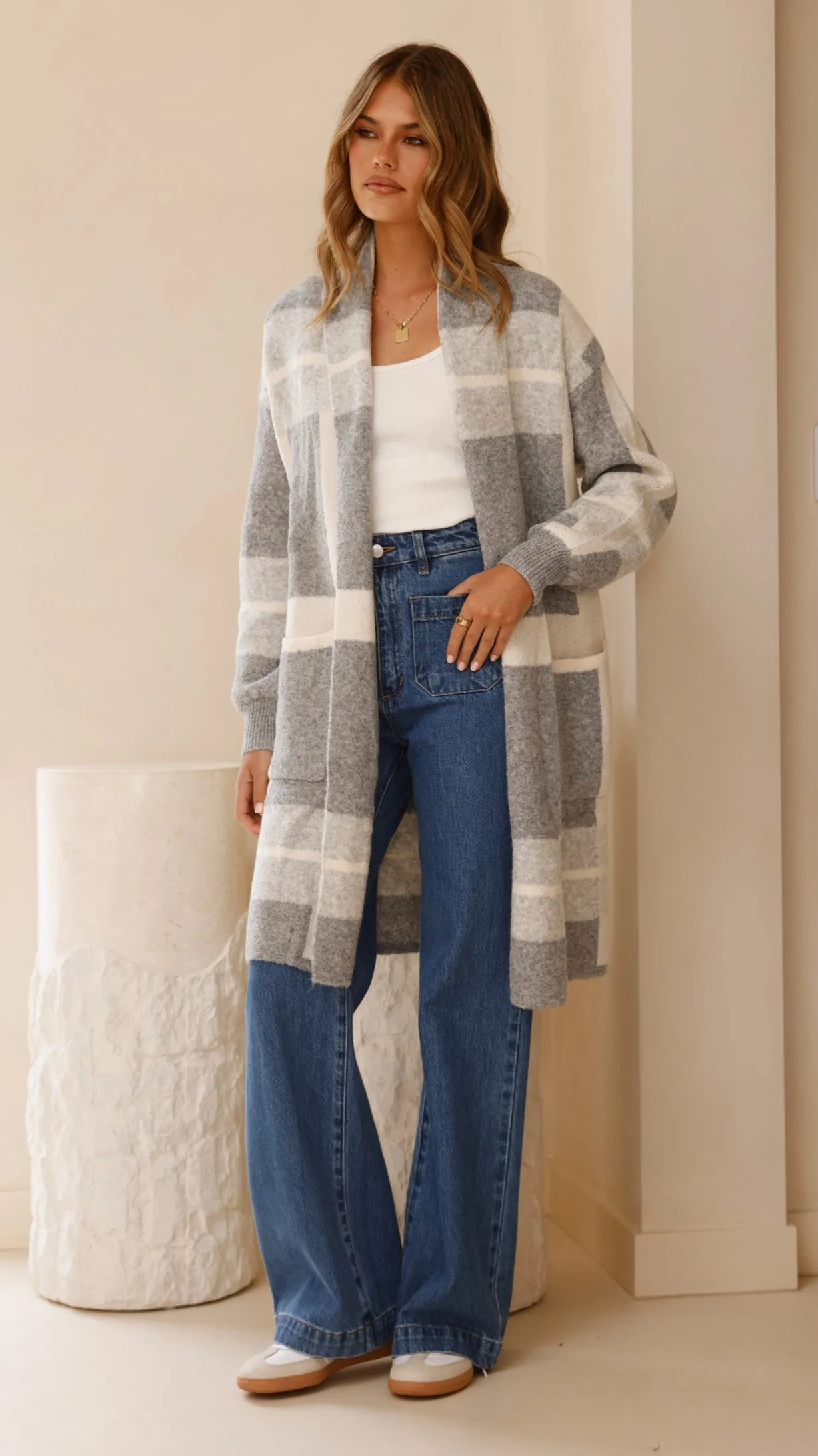 Vaza Longline Knit Cardigan - Grey/White