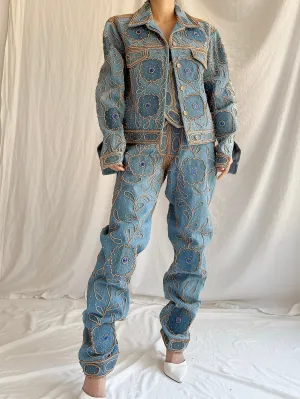 Vintage Eavis and Brown Wood-Embroidered Denim Set - M