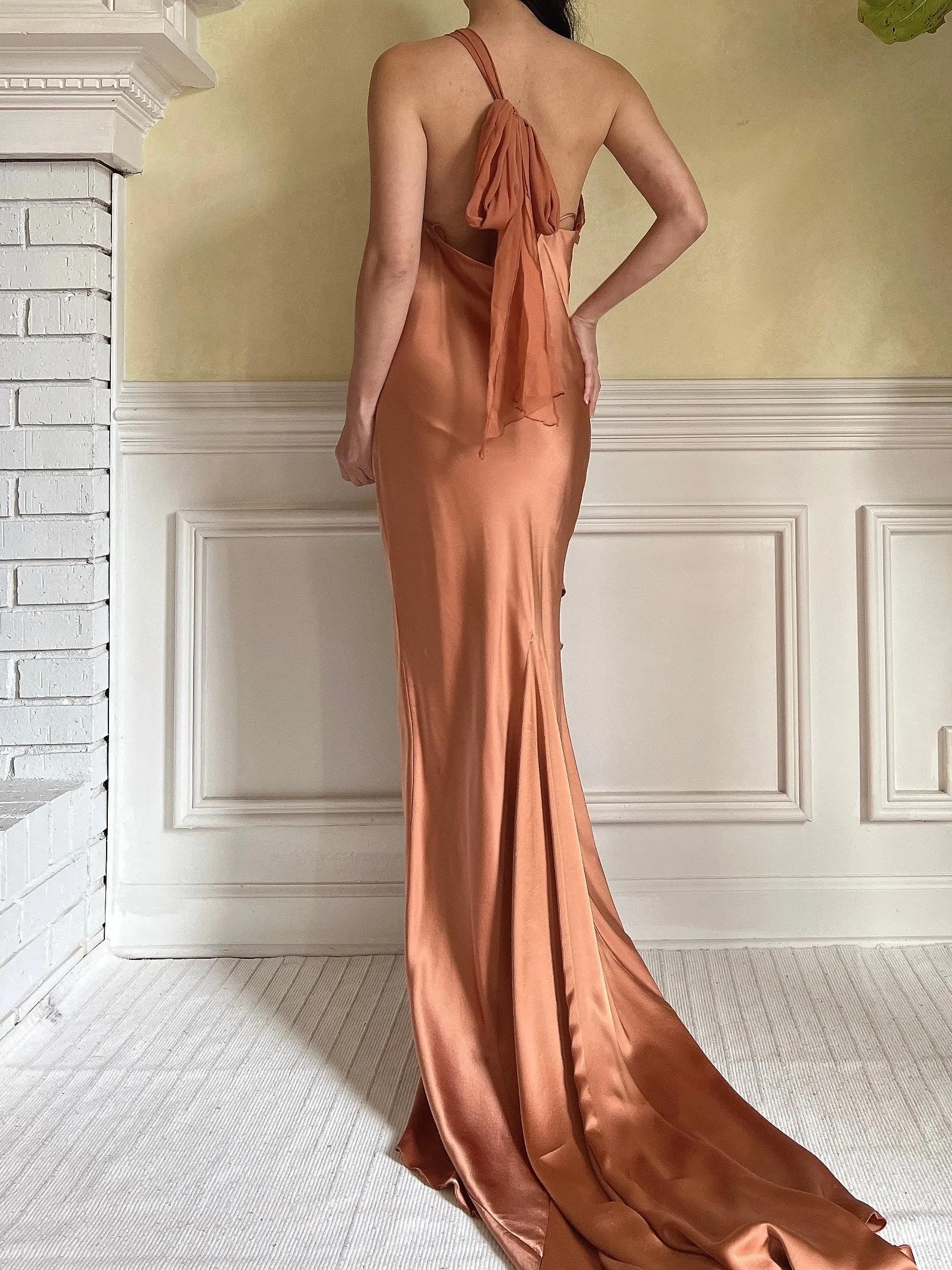 Vintage Rust Silk Charmeuse Ruffled Dress - M