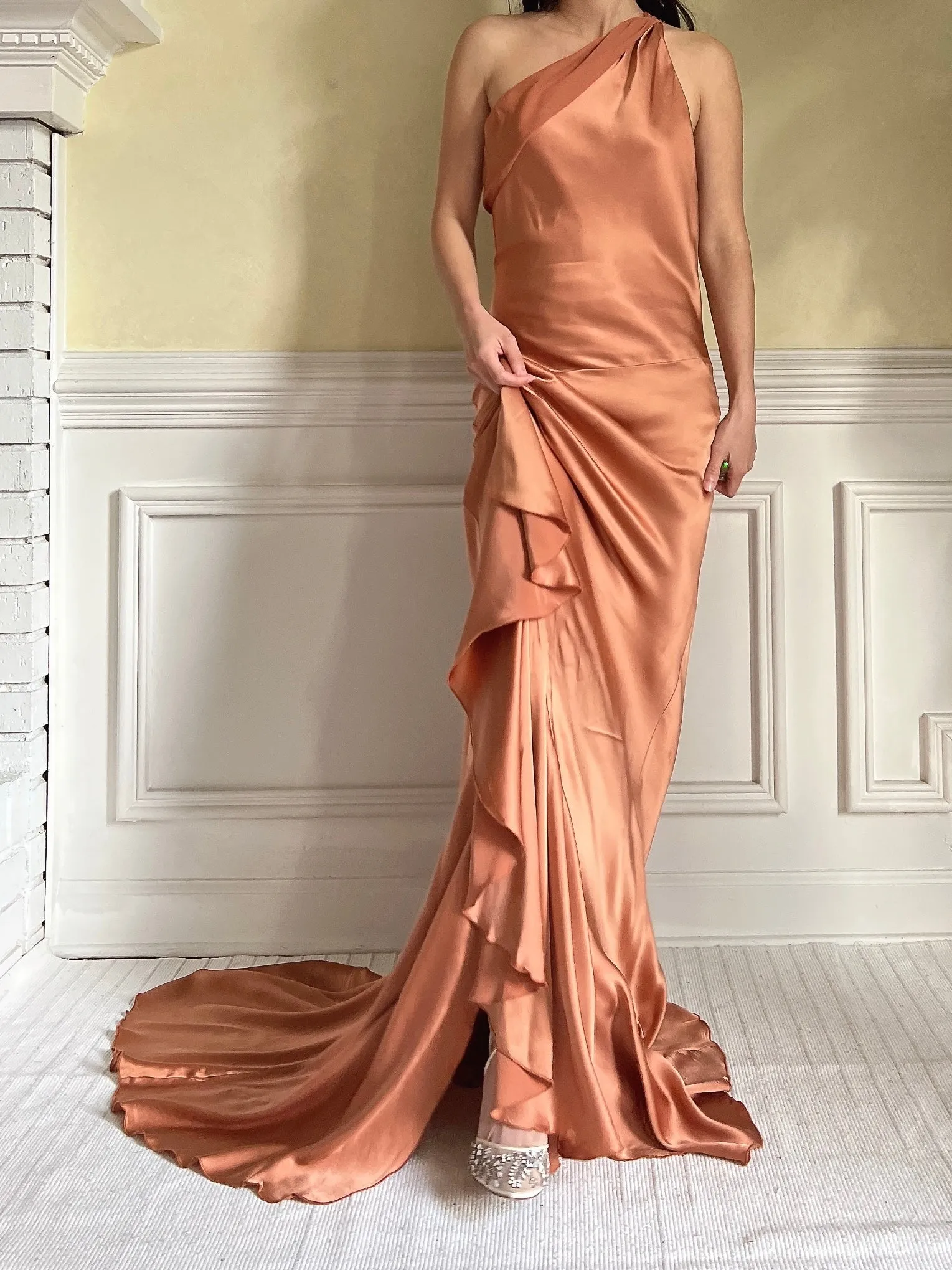 Vintage Rust Silk Charmeuse Ruffled Dress - M